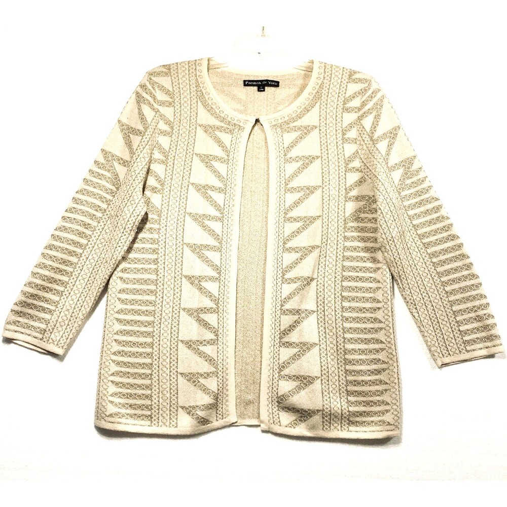 Preston & York Open Front Metallic Knit Cardigan Sweater M Beige Gold Geometric